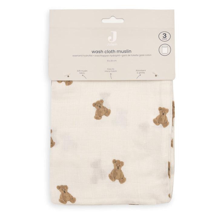 Jollein - Washcloth Muslin 15x20cm - Mini Teddy Bear (3 Pack)