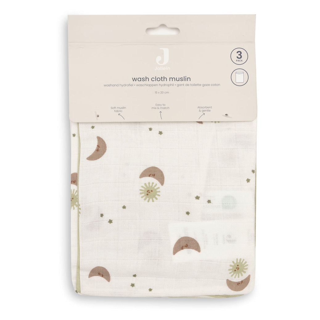 Jollein – Muslin Washcloths 15 x 20cm – Over the Moon (3 Pack)