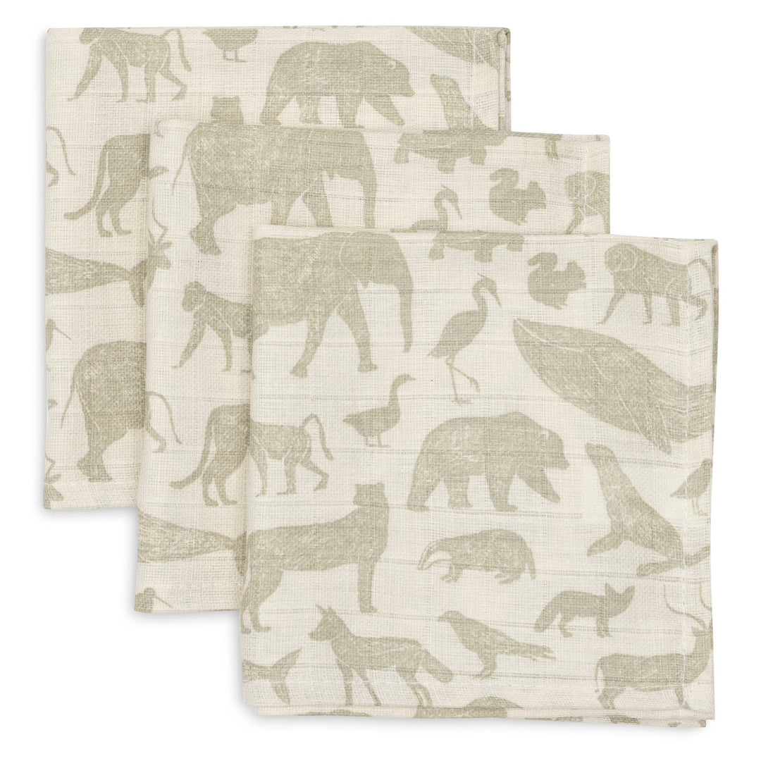 Jollein - Muslin Mouth Cloth 31 x 31cm - Animals Olive Green (3 Pack)