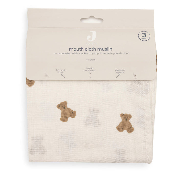 Jollein - Mouth Cloth Muslin 31x31cm - Mini Teddy Bear (3 Pack)