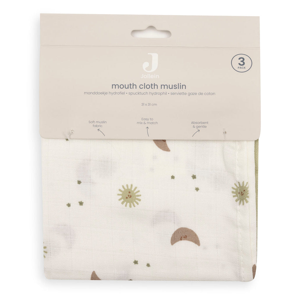 Jollein – Muslin Mouth Cloths 31 x 31cm – Over the Moon (3 Pack)