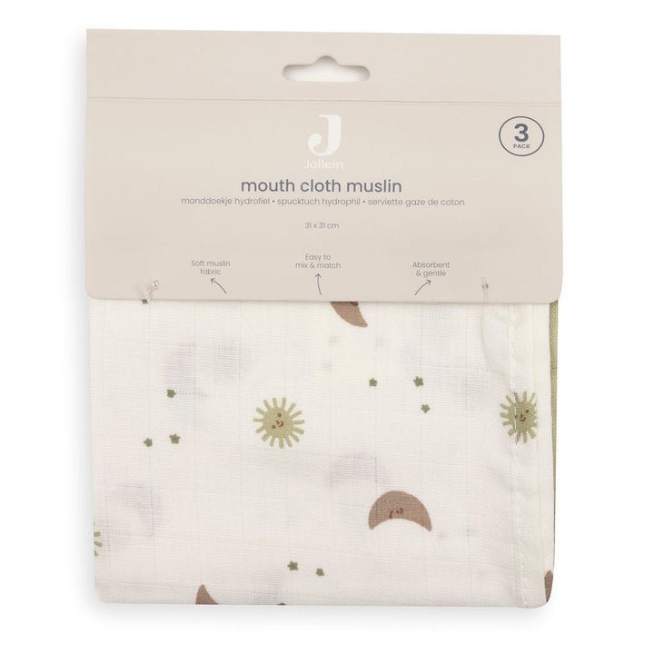 Jollein – Muslin Mouth Cloths 31 x 31cm – Over the Moon (3 Pack)