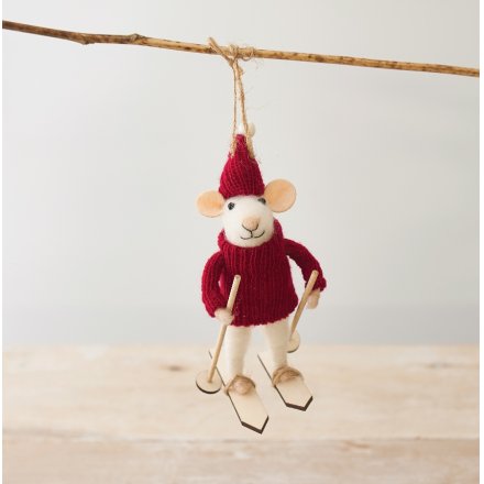 Gainsborough Giftware - Hanging Mouse With Red Jumper & Skis - Mabel & Fox