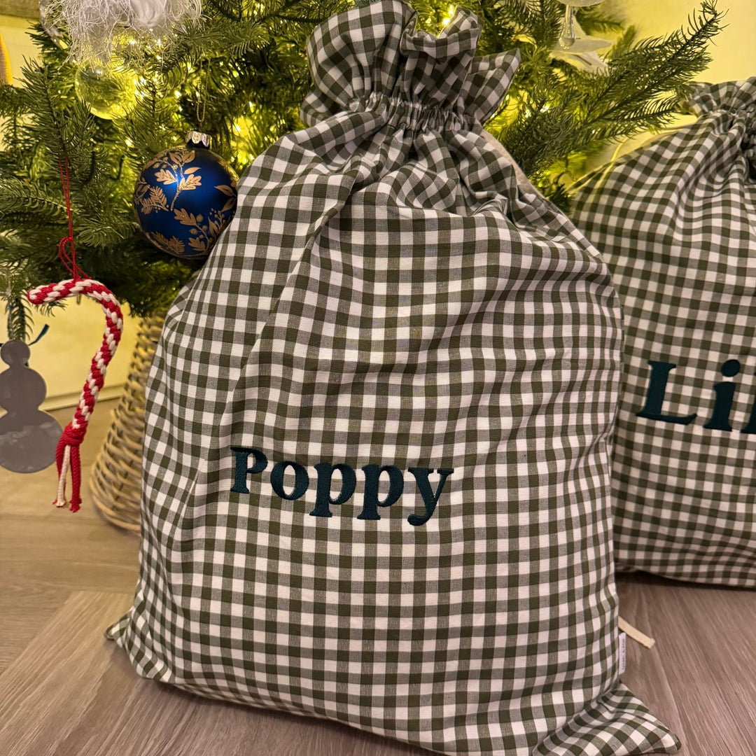 Mabel & Fox - Personalised Green Gingham Gift Sack - Embroidered