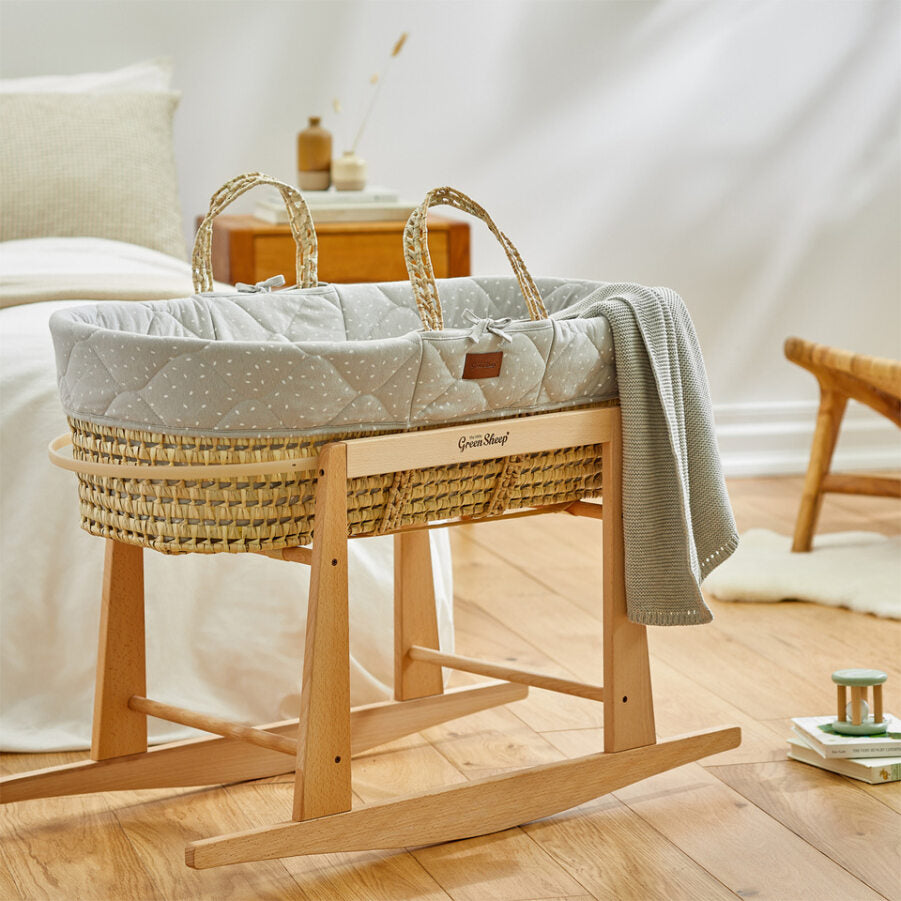 The Little Green Sheep - Moses Basket, Mattress & Rocking Stand - Quilted Dove Rice