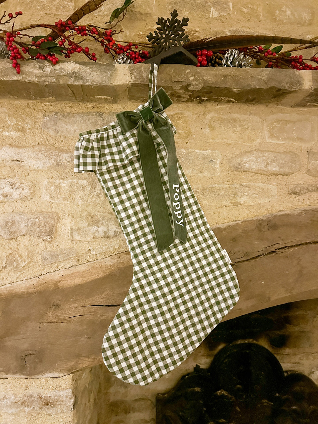 Mabel & Fox - Personalised Green Gingham Stocking - Velvet Bow - Mabel & Fox