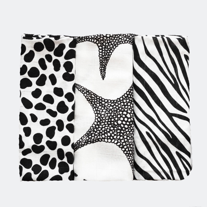 Etta Loves UK - Sensory Muslin - Black & White Animal Print (3 Pack)