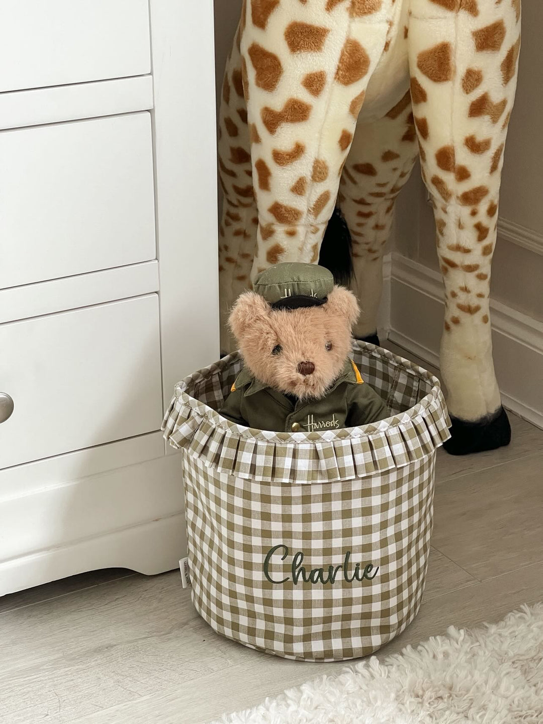 Mabel & Fox - Personalised Olive Green Gingham Ruffle Basket - Embroidered