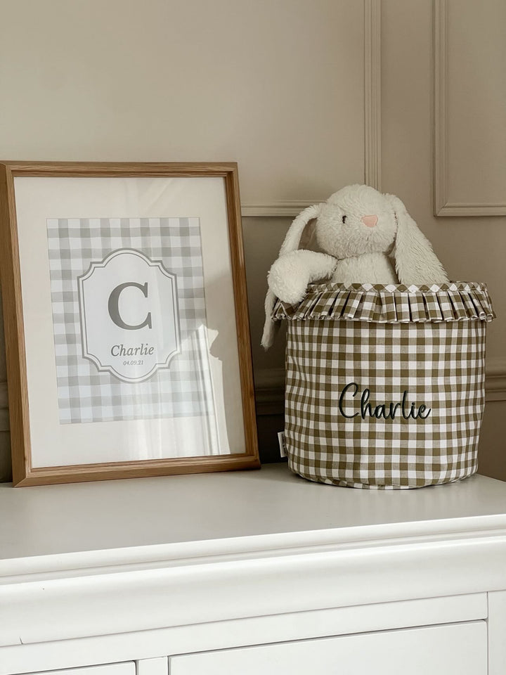 Mabel & Fox - Personalised Olive Green Gingham Ruffle Basket - Embroidered