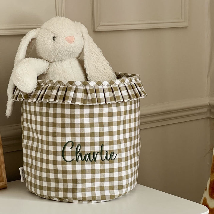 Mabel & Fox - Personalised Olive Green Gingham Ruffle Basket - Embroidered