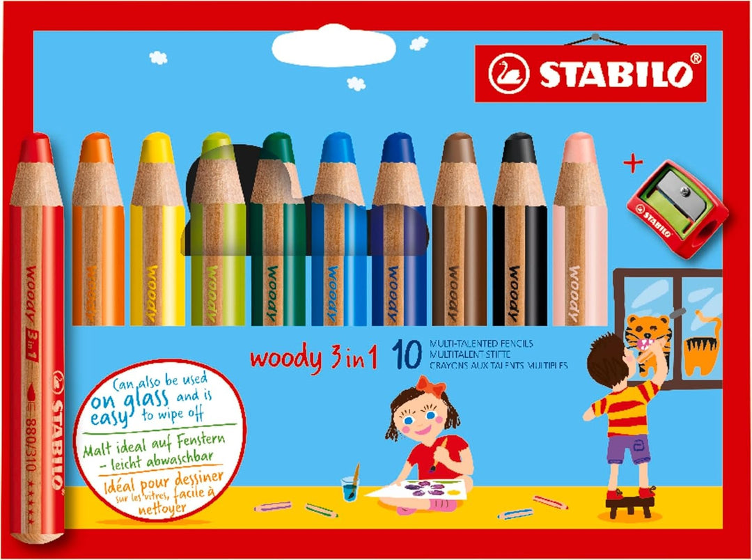 Stabilo - Woody 3-1 Crayons - 10 Colour Set With Sharpener - Assorted Colours
