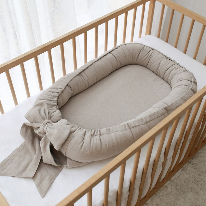 Babyly - Baby Nest With Bow - Beige Linen