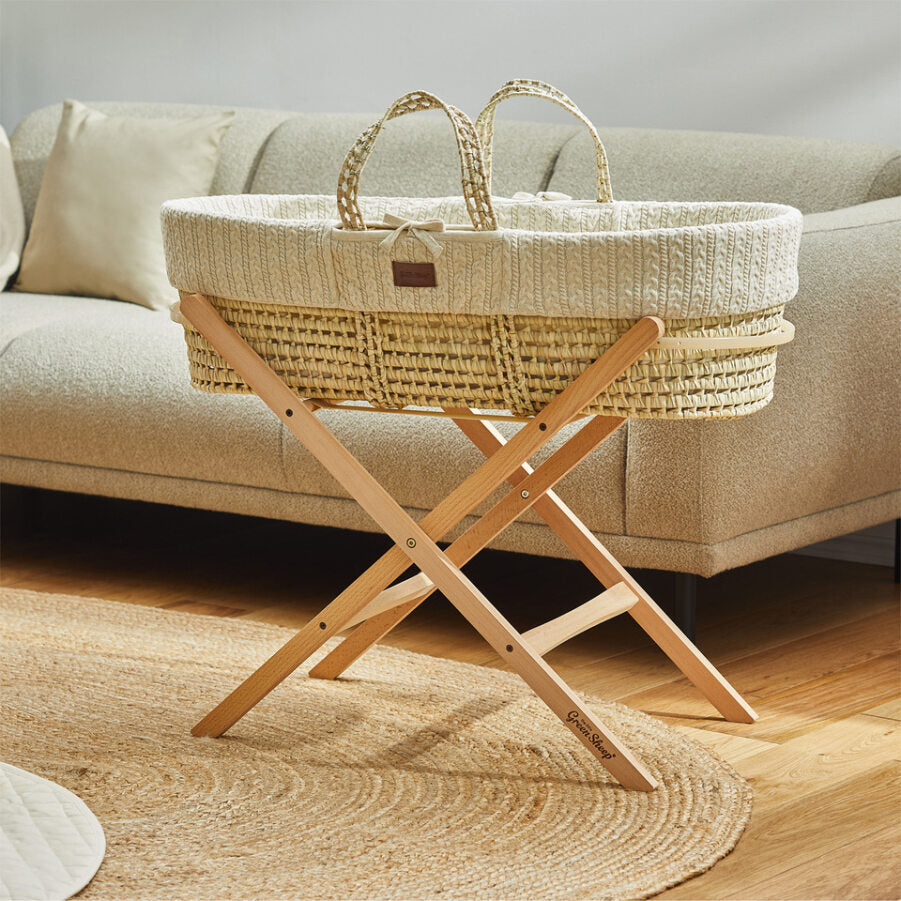 The Little Green Sheep - Moses Basket, Mattress & Stand - Knitted Linen