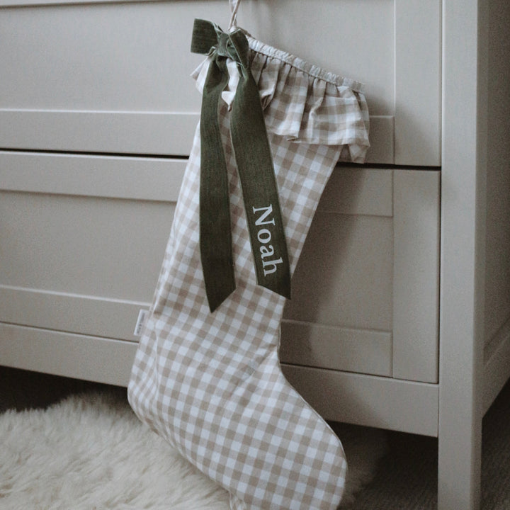 Pre-Order - Mabel & Fox - Personalised Beige Gingham Stocking - Velvet Bow