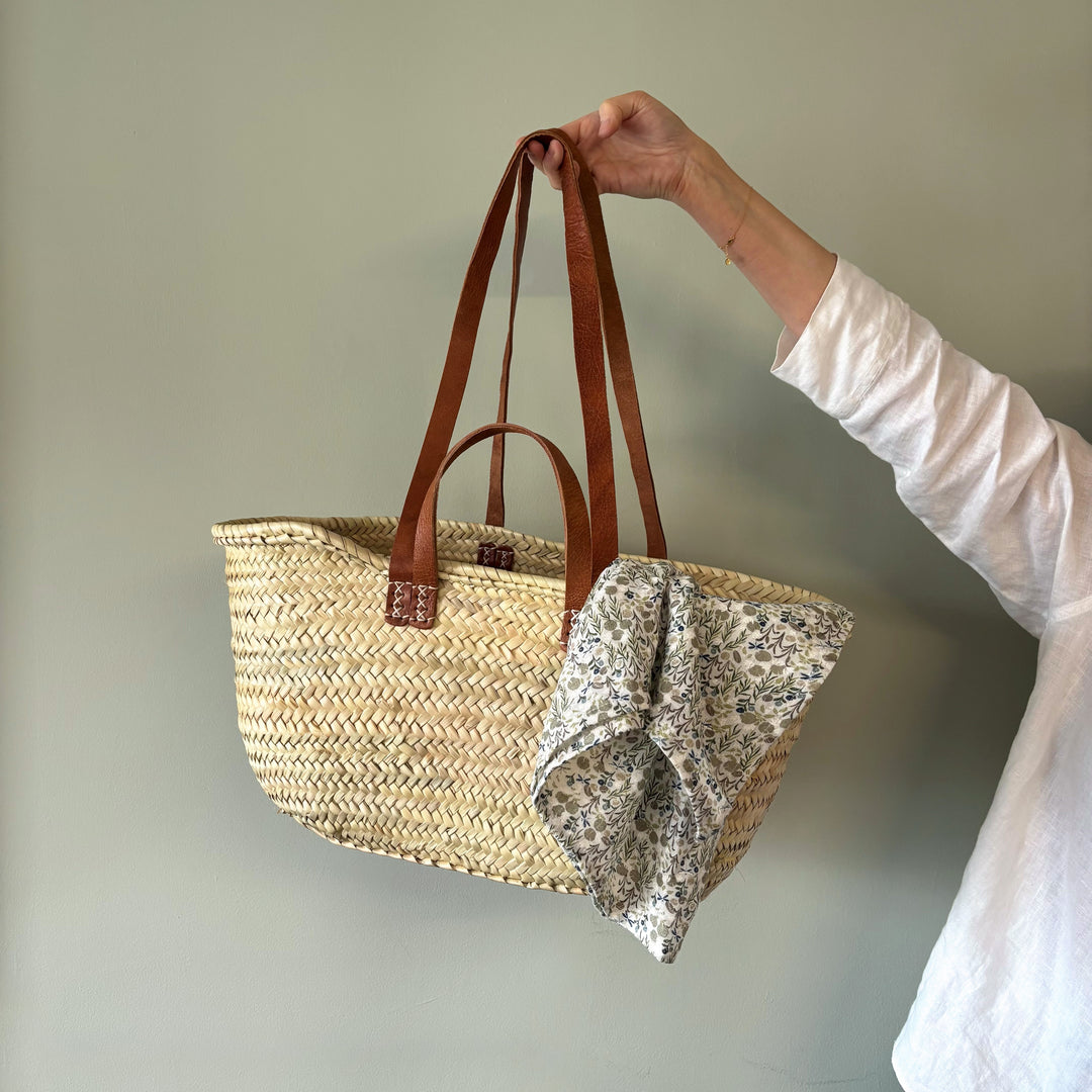 Handmade Square Straw Basket With Leather Handles