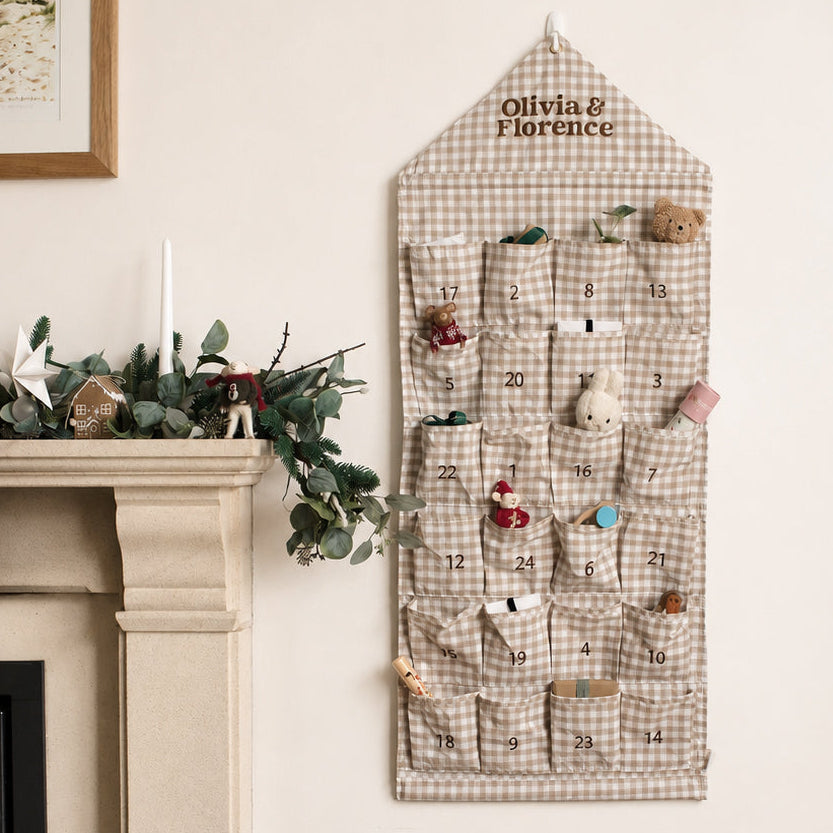 Mabel & Fox - Personalised Beige Gingham Advent Calendar - Embroidered - Mabel & Fox