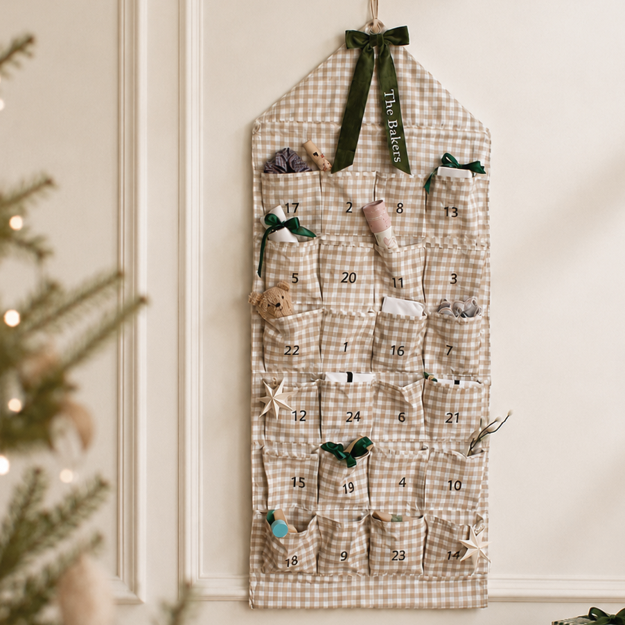 Mabel & Fox - Personalised Beige Gingham Advent Calendar - Velvet Bow - Mabel & Fox