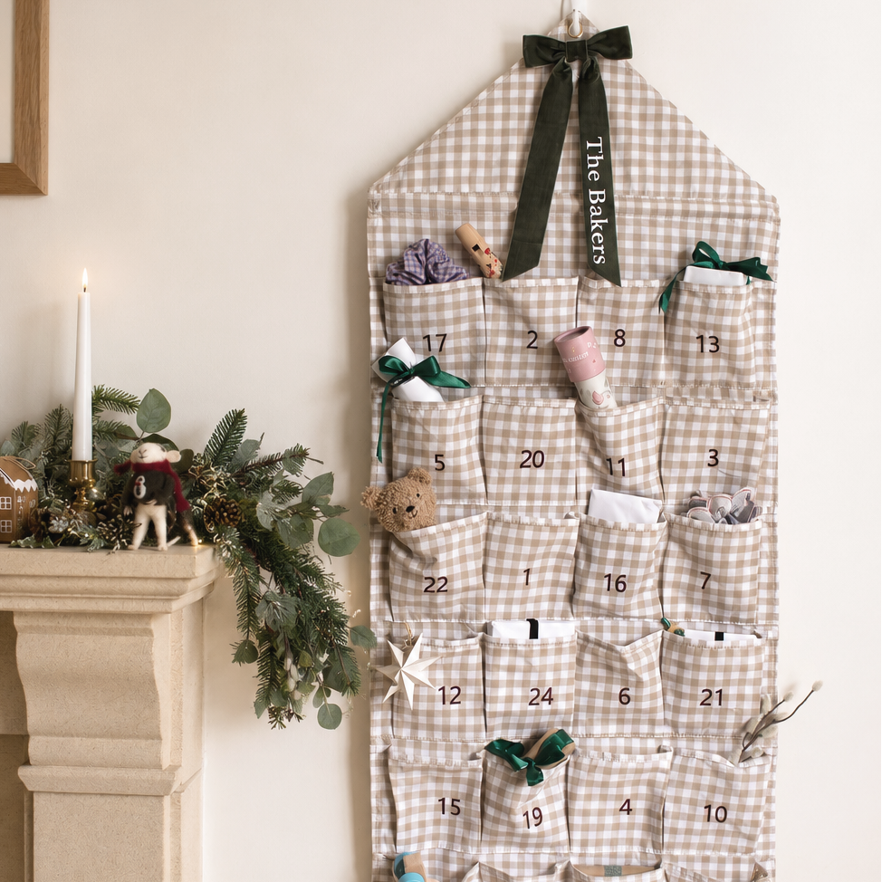 Mabel & Fox - Personalised Beige Gingham Advent Calendar - Velvet Bow - Mabel & Fox