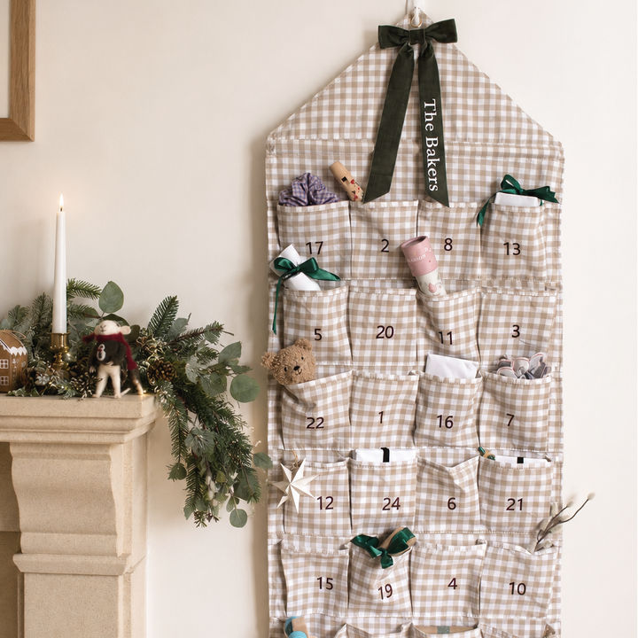 Mabel & Fox - Personalised Beige Gingham Advent Calendar - Velvet Bow - Mabel & Fox
