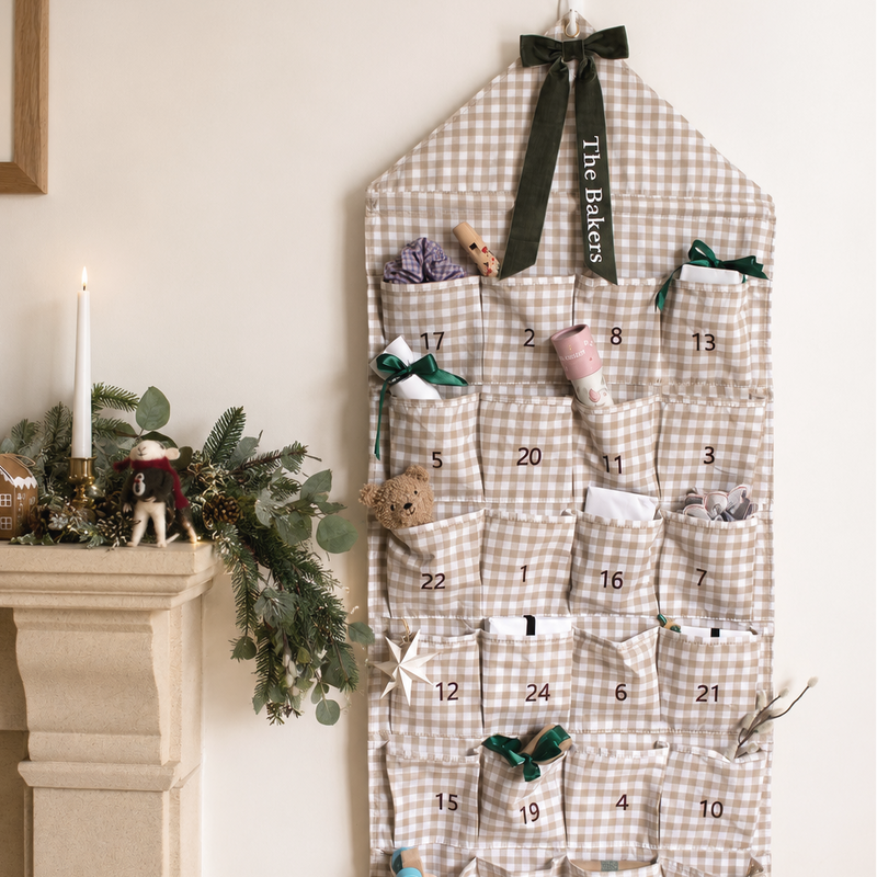 Mabel & Fox - Personalised Beige Gingham Advent Calendar - Velvet Bow - Mabel & Fox