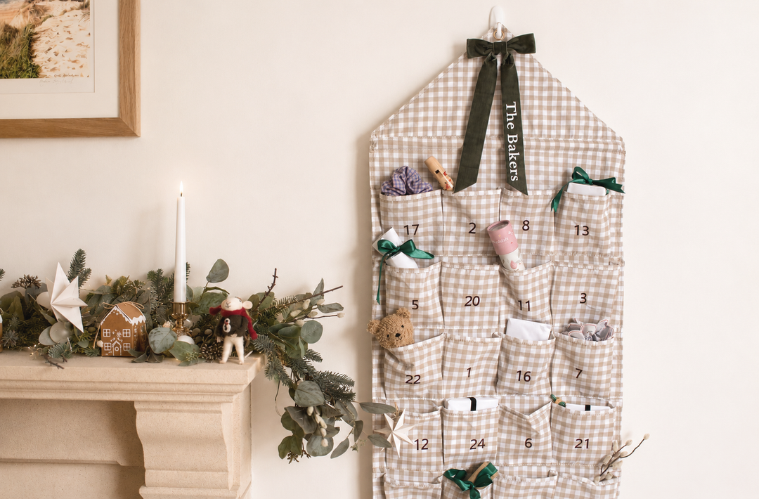 Mabel & Fox - Personalised Beige Gingham Advent Calendar - Velvet Bow - Mabel & Fox