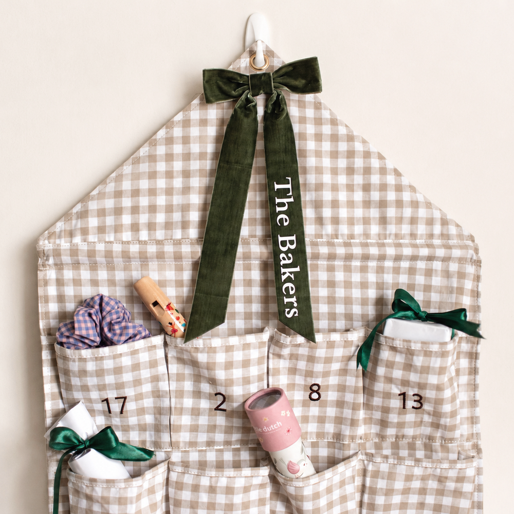 Mabel & Fox - Personalised Beige Gingham Advent Calendar - Velvet Bow - Mabel & Fox