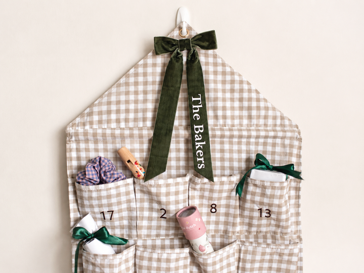 Mabel & Fox - Personalised Beige Gingham Advent Calendar - Velvet Bow - Mabel & Fox