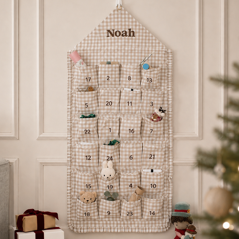 Mabel & Fox - Personalised Beige Gingham Ruffle Advent Calendar - Embroidered