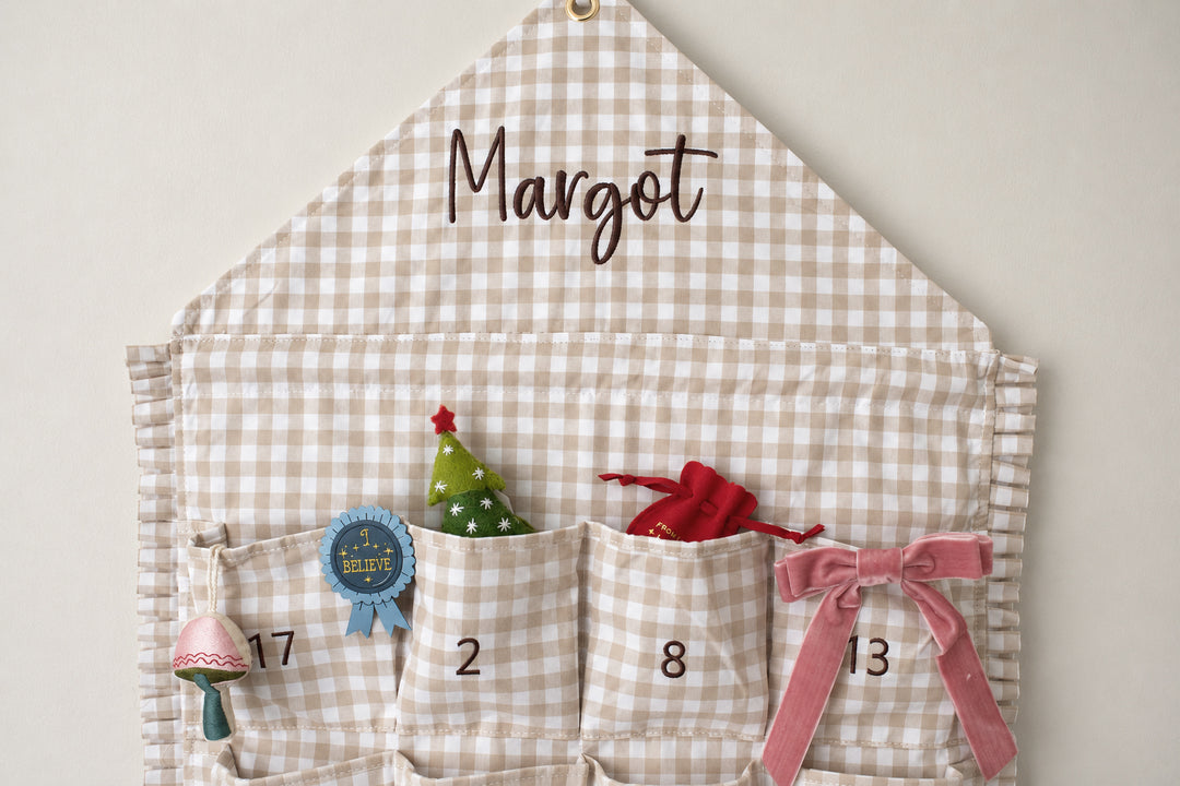 Mabel & Fox - Personalised Beige Gingham Ruffle Advent Calendar - Embroidered - Mabel & Fox