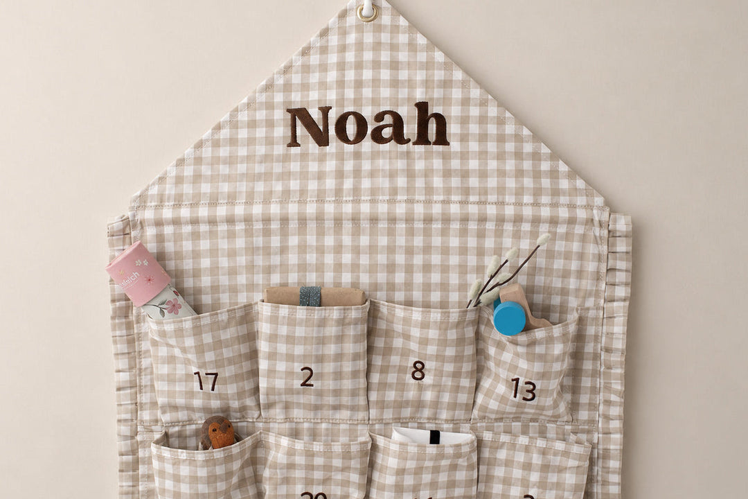 Mabel & Fox - Personalised Beige Gingham Ruffle Advent Calendar - Embroidered - Mabel & Fox