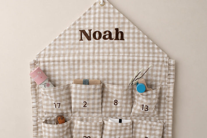 Mabel & Fox - Personalised Beige Gingham Ruffle Advent Calendar - Embroidered - Mabel & Fox