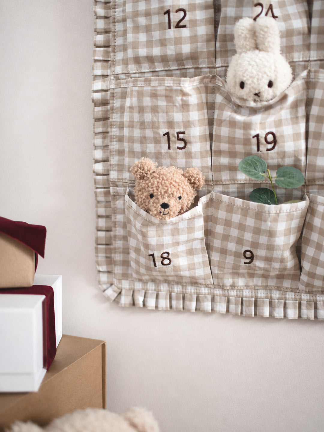 Mabel & Fox - Personalised Beige Gingham Ruffle Advent Calendar - Velvet Bow - Mabel & Fox
