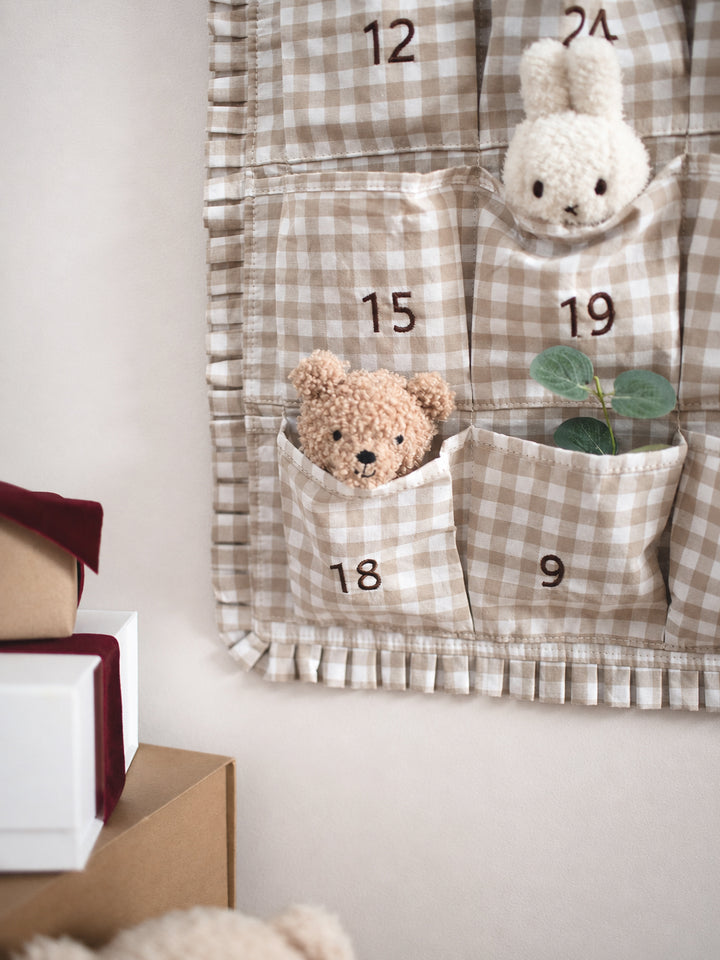 Mabel & Fox - Personalised Beige Gingham Ruffle Advent Calendar - Velvet Bow - Mabel & Fox