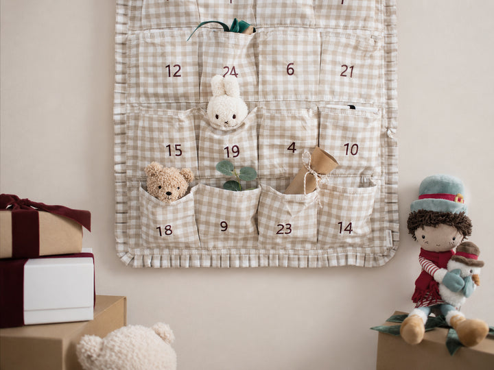 Mabel & Fox - Personalised Beige Gingham Ruffle Advent Calendar - Velvet Bow - Mabel & Fox