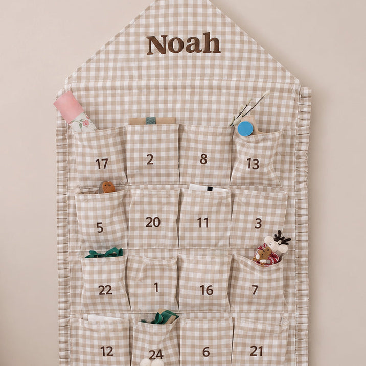 Mabel & Fox - Personalised Beige Gingham Ruffle Advent Calendar - Embroidered - Mabel & Fox