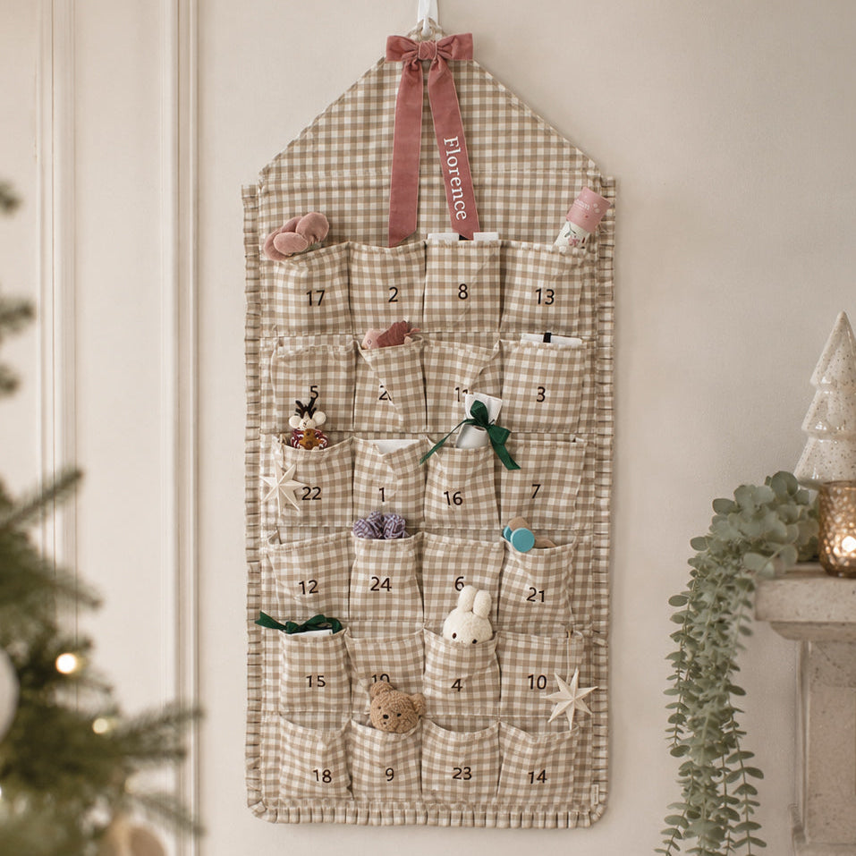 Mabel & Fox - Personalised Beige Gingham Ruffle Advent Calendar - Velvet Bow - Mabel & Fox