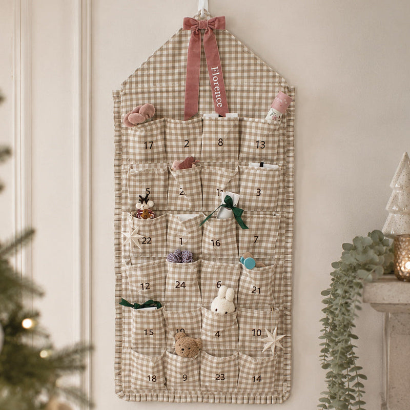 Mabel & Fox - Personalised Beige Gingham Ruffle Advent Calendar - Velvet Bow - Mabel & Fox