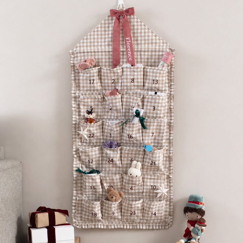 Mabel & Fox - Personalised Beige Gingham Ruffle Advent Calendar - Velvet Bow - Mabel & Fox