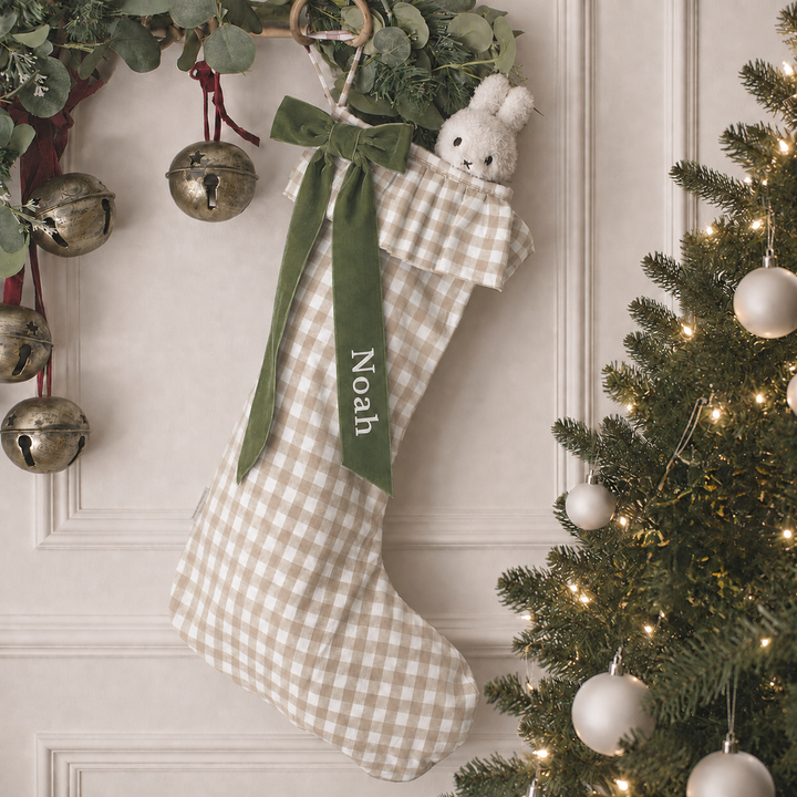Mabel & Fox - Personalised Beige Gingham Stocking - Velvet Bow