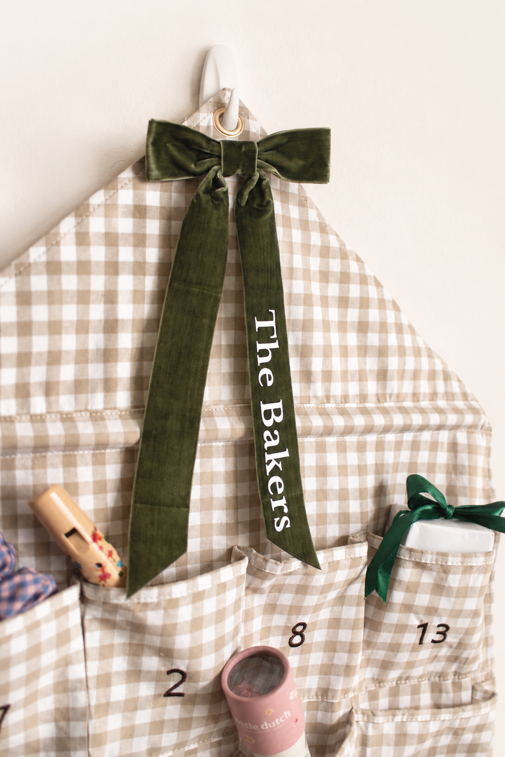 Mabel & Fox - Personalised Beige Gingham Advent Calendar - Velvet Bow - Mabel & Fox