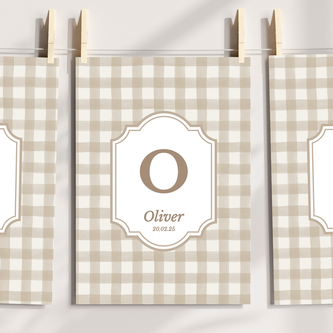 Mabel & Fox - Personalised Art Print - Beige Gingham