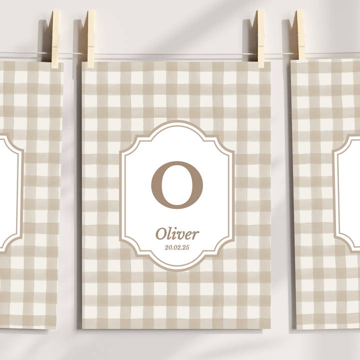 Mabel & Fox - Personalised Art Print - Beige Gingham