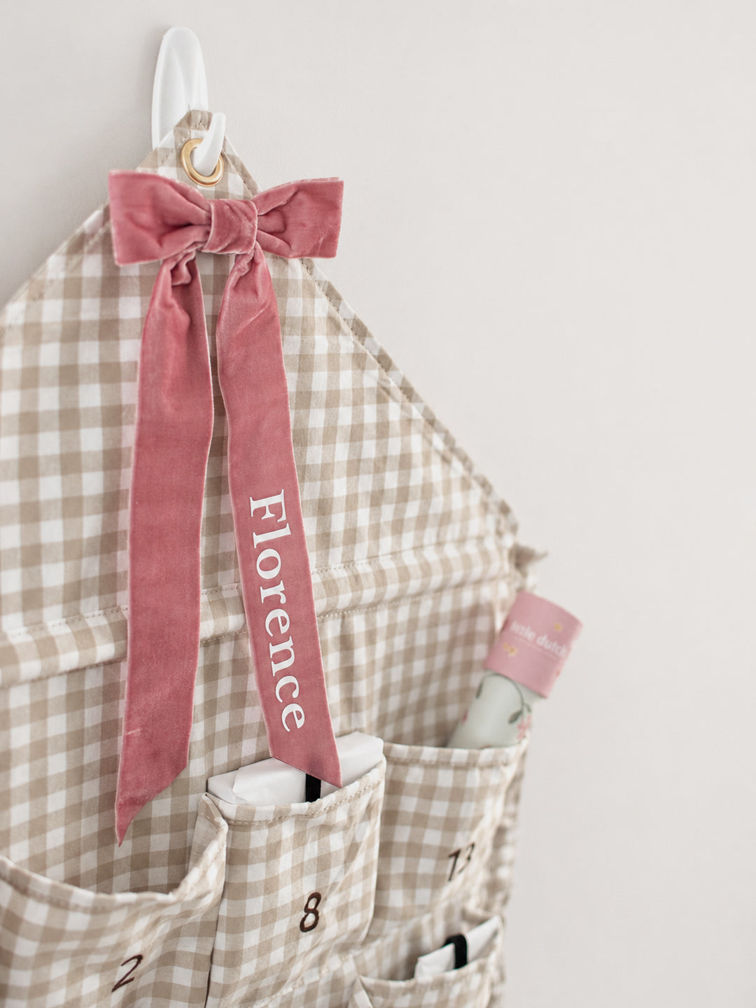 Mabel & Fox - Personalised Beige Gingham Ruffle Advent Calendar - Velvet Bow - Mabel & Fox