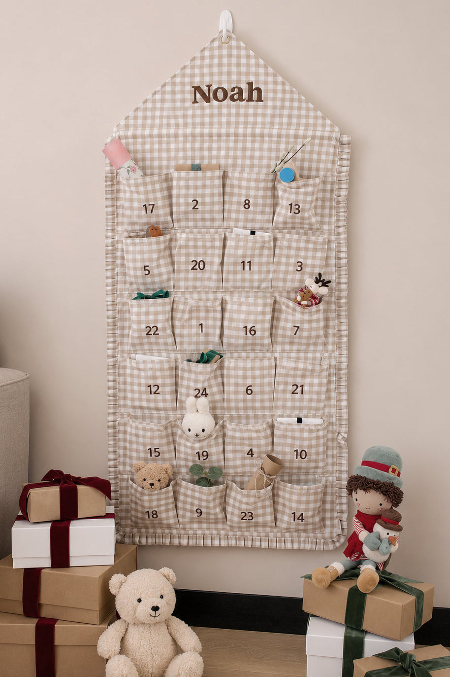 Mabel & Fox - Personalised Beige Gingham Ruffle Advent Calendar - Embroidered - Mabel & Fox