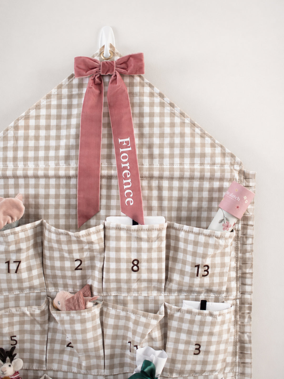 Mabel & Fox - Personalised Beige Gingham Ruffle Advent Calendar - Velvet Bow - Mabel & Fox