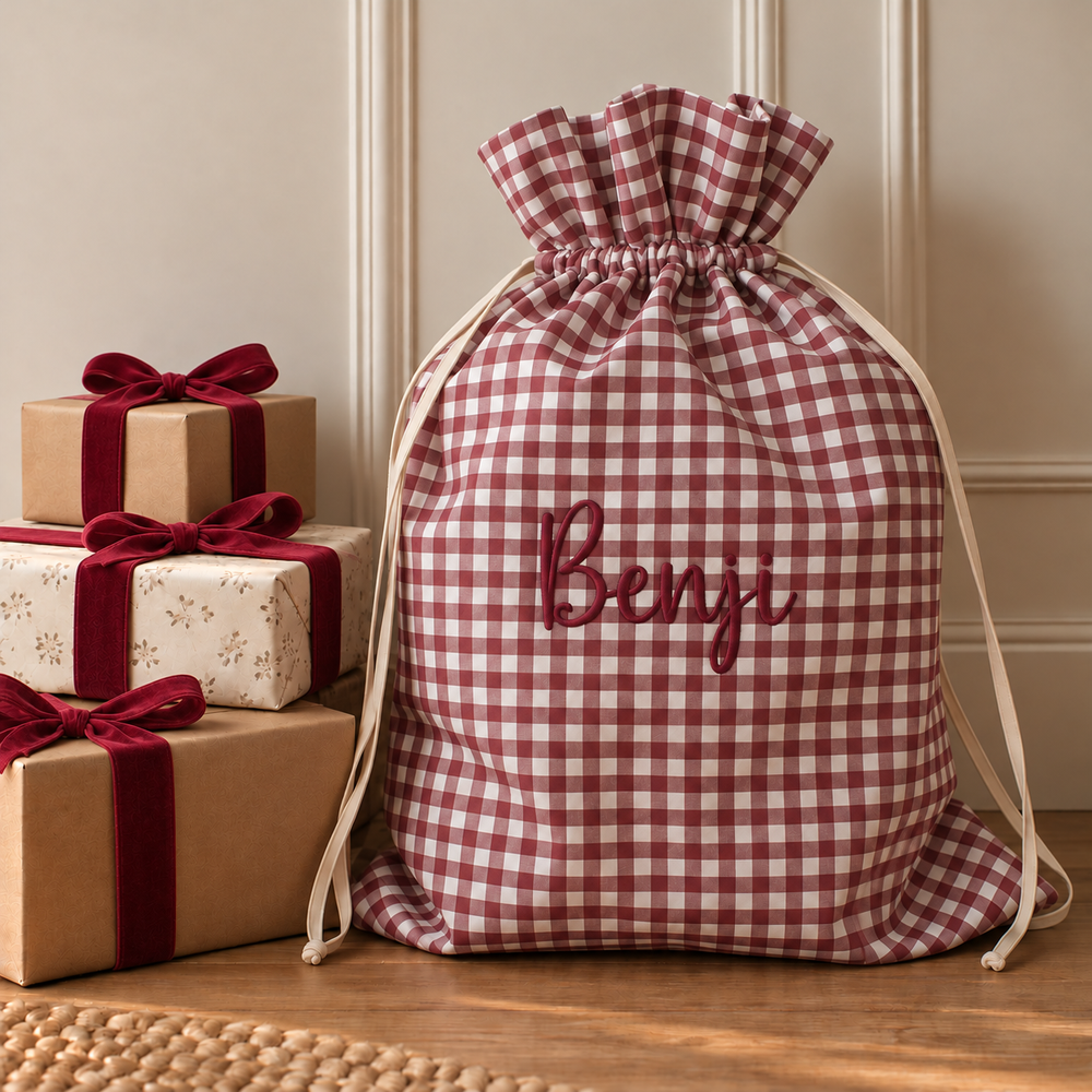 Mabel & Fox - Personalised Red Gingham Gift Sack - Embroidered - Mabel & Fox