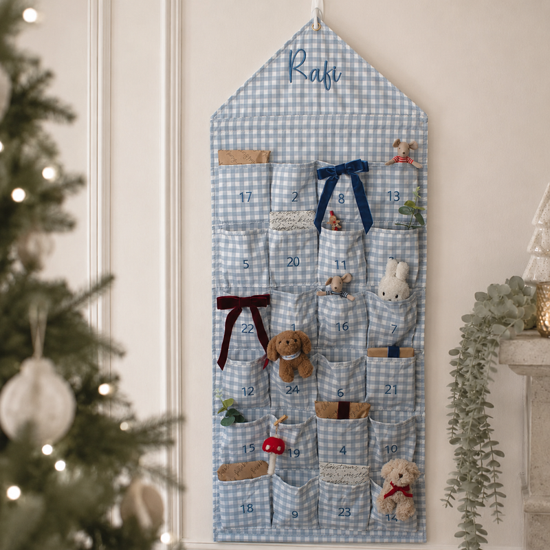 Mabel & Fox - Personalised Blue Gingham Advent Calendar - Embroidered