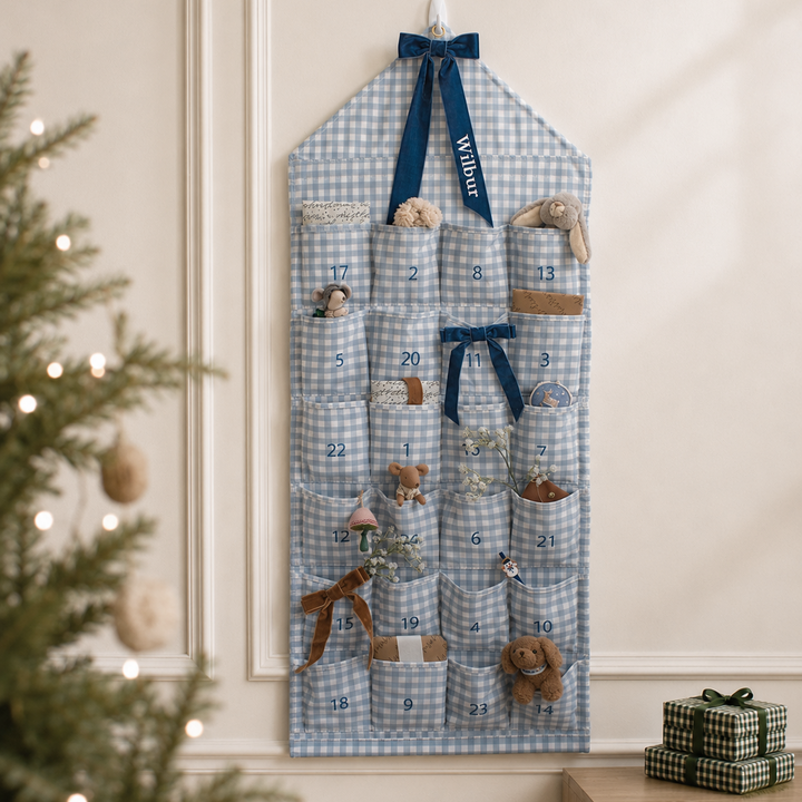 Mabel & Fox - Personalised Blue Gingham Advent Calendar - Velvet Bow