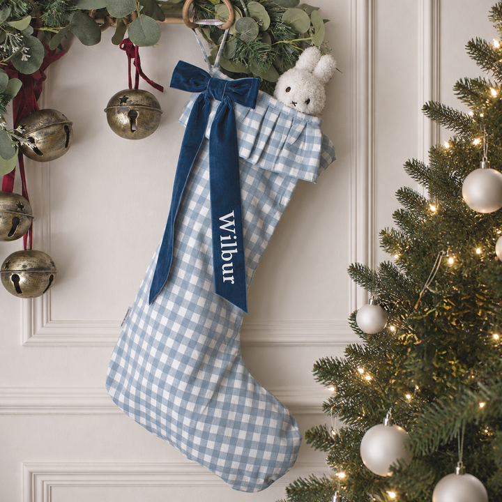 Mabel & Fox - Personalised Blue Gingham Stocking - Velvet Bow