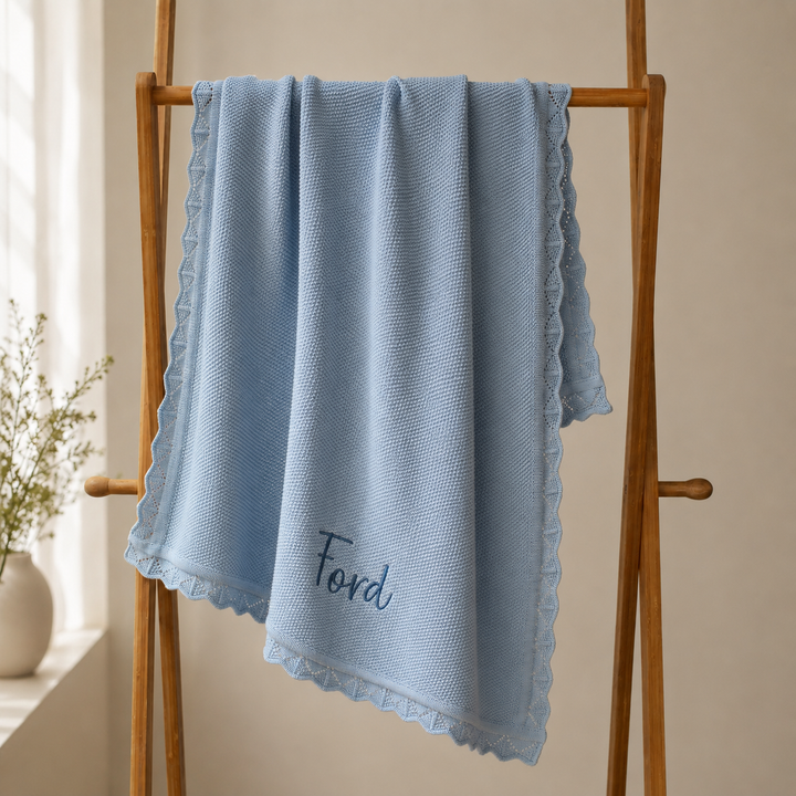 Mabel & Fox - Personalised Knitted Baby Blanket - Sky Blue